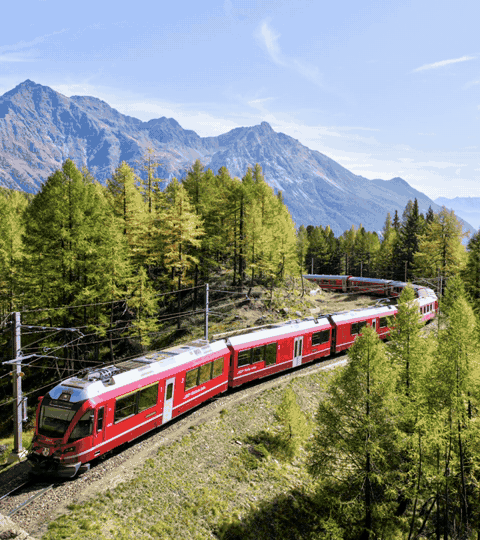 Tren rojo de la línea del Bernina recorriendo los Alpes suizos